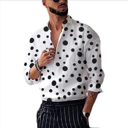 Frühling Herren Tupfenmuster locker lässig Knopf Langarm Hemd Cardigan Top - Bild 13 von 23