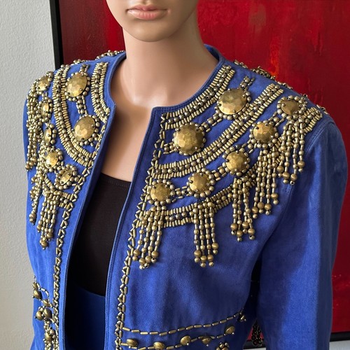 GIANNI VERSACE blue suede jacket w/ metal pieces and bead work from S/S 1990 - Picture 13 of 20