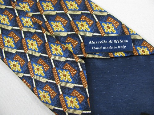 Cravatta collo Marcello di Milano blu geometrica diamante giallo fiore seta Italia 59" - Foto 5 di 7