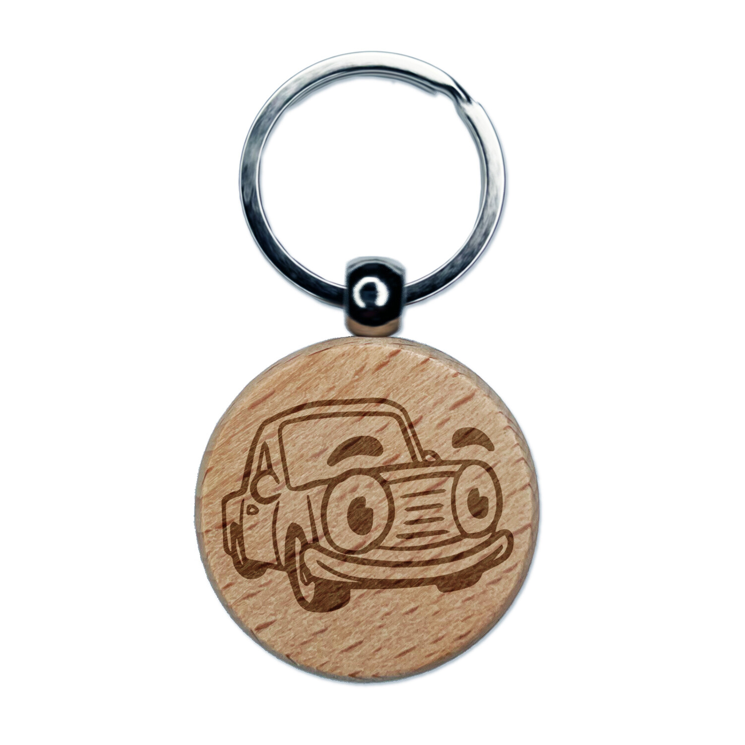 Cartoon Car with Face Engraved Wood Round Keychain Tag Charm