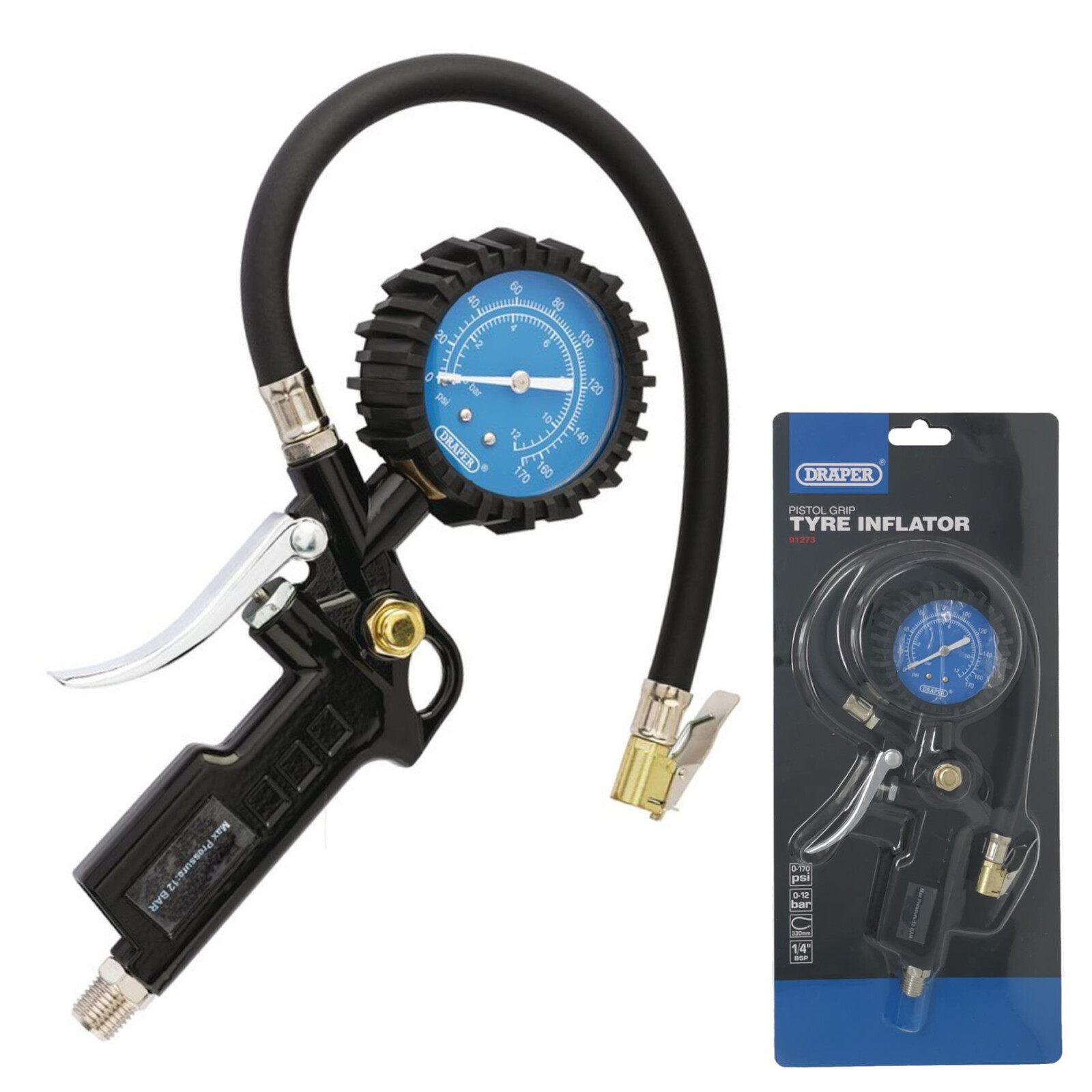 Draper Black Air Line Tyre Pump Inflator Pressure Gauge Compressor 1/4 ...