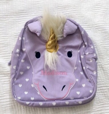 New! Pottery Barn Kids girls mini PRE K backpack  monogram MADISON  unicorn 