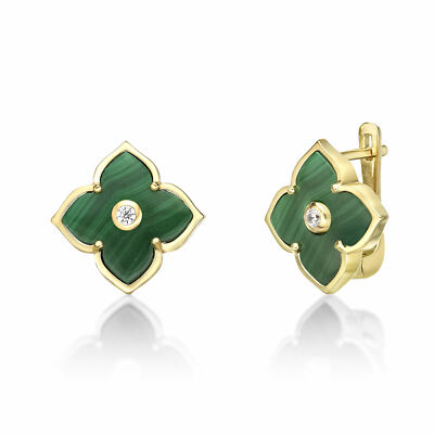 Malachite Flower Stud Earrings Yellow Sterling Silver Hinge Post Back 16 MM