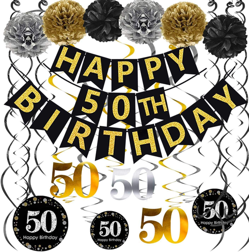 Black & Gold Glittery Happy 50Th Birthday Banner,Poms,Sparkling 50 Hanging Swirl