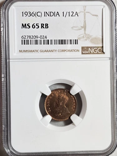 India 1/12 Anna 1936C NGC MS 65 RB