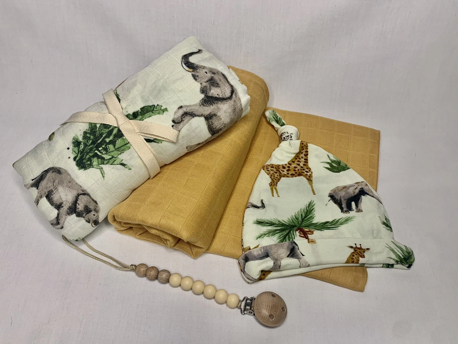 Extra large Safari Muslin/swaddle baby blanket, Newborn Baby Beanie & Dummy Clip