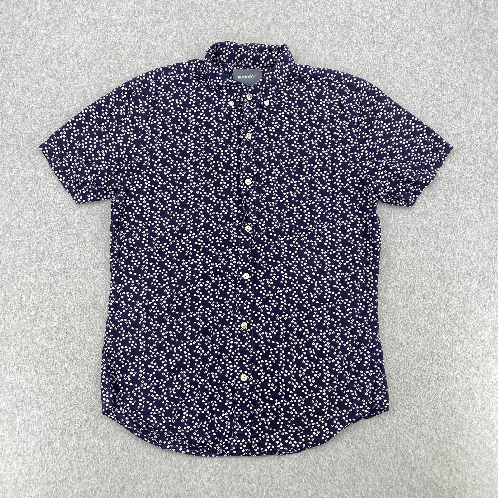BONOBOS Shirt Mens Medium Navy Blue Flower Print Short Sleeve Slim Fit Button Up