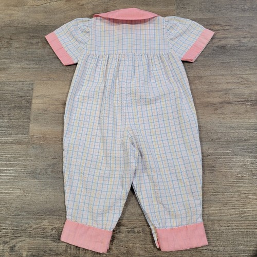 Vintage Romper Baby Girl Size 18 Months One Piece Seersucker With Pink Bows - Picture 3 of 8