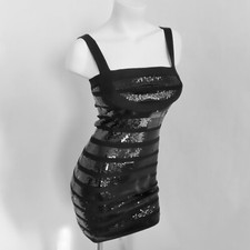 OFlux Dress Womens Small Black Sequin Knit Sweater Straps Short Wedding Party