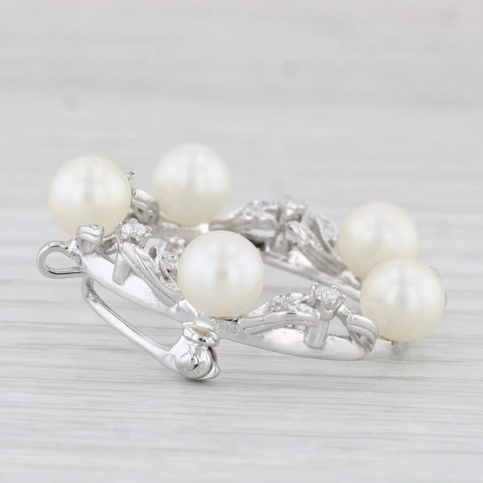 Broche colgante corona diamante 0,35 quilates perlas cultivadas vintage oro blanco 14 k prendedor Foto 3 de 4