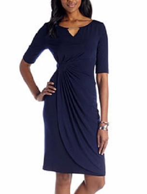 Connected Apparel Navy Stretch Jersey Cascade Wrap Dress w/Cut-out Neck  Hardware - Main Image