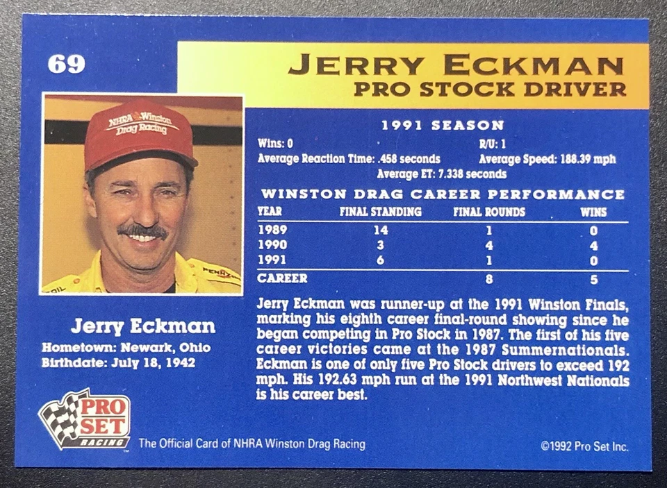 1992 Pro Set NHRA - #69 Jerry Eckman (RC) - Image 2 of 2