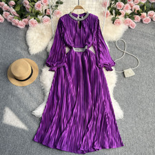 Elegant Women Evening Party Dress Pleated Beaded Puff Sleeve Tunic Swing Shiny