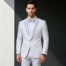 Mens Formal Suit Tuxedo Sparkly Silver Rhinestone Lapel Sleeve Wedding Party