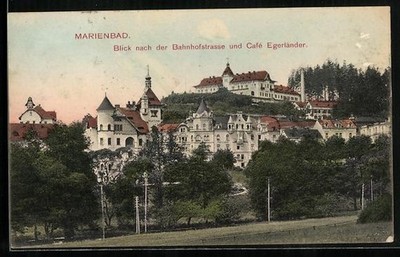 Marienbad, Bahnhofstraße mit Cafe Egerländer, Ansichtskarte 1912 