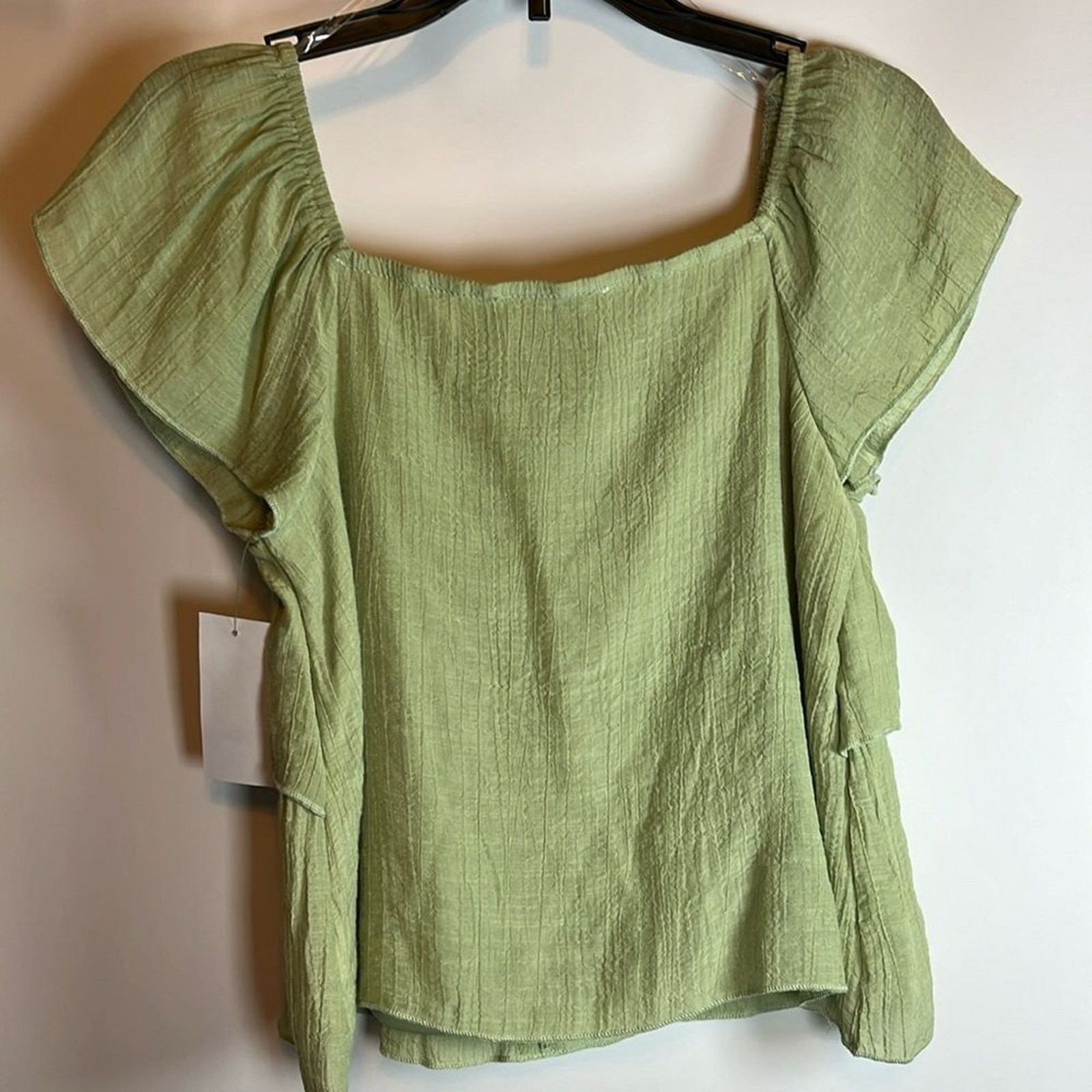 Ally B Flutter-Sleeve Faux-Button-Front Woven Green Boho Blouse Size L ...