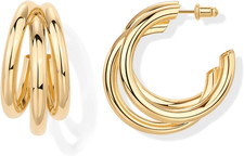 Gold Hoop Earrings for Women - 14K Gold Plated Chunky Triple Split Loop Huggie E