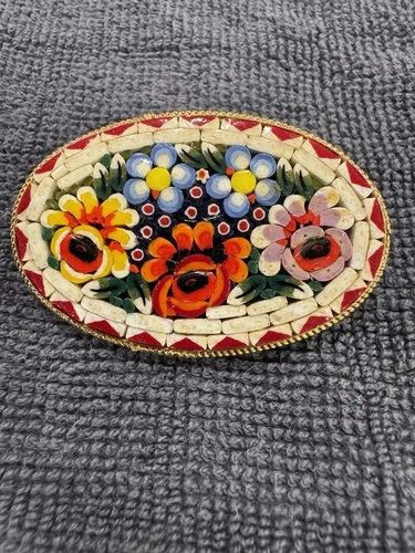 Antique Vintage Estate Costume Jewelry Micro Mosaic Pin