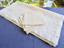 VTG Linen Hardanger Hand Embroidered Tea Tablecloth 5 Napk Drawnwork Hemstitch