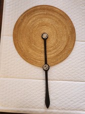 554. Asian Hand Fan, Woven, Wood Handle With Decorations
