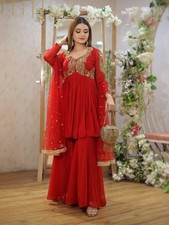 Presenting Red Heavy Georgette Top Palazzo With Dupatta For Functional Wear
