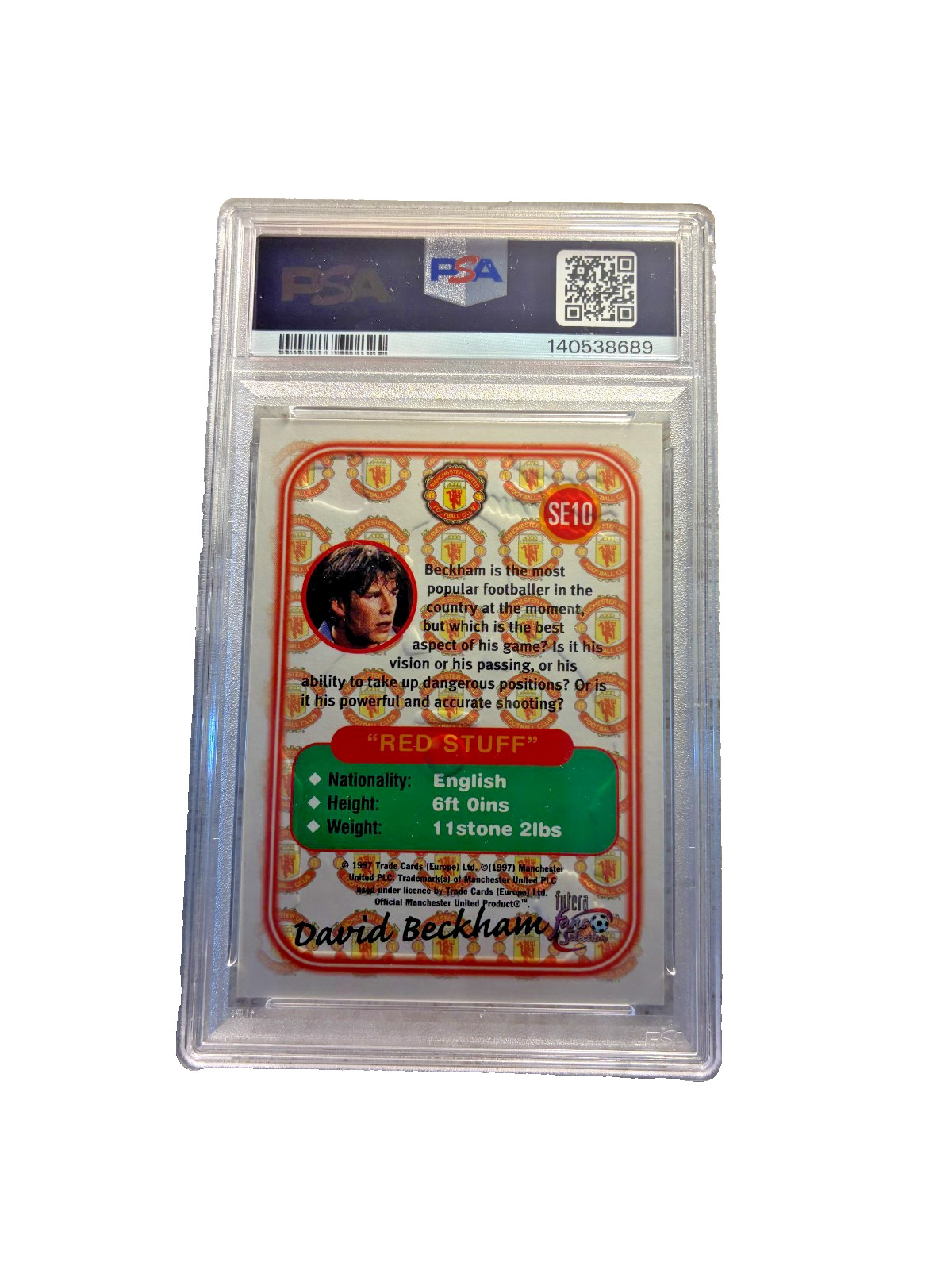 1997 Futera Fan's Sel. David Beckham Man. Utd Special Edition PSA 8 NM-MT view 4