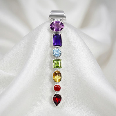 7 Chakra Sterling Silver Multi-Gemstone Pendant, Vertical Rainbow Bar Necklace