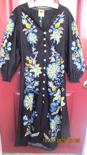 NWT Farm Rio Puff Sleeve MEDIUM Dress V Neck Button Front Black Floral Cotton
