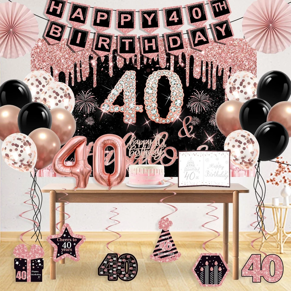 Decoraciones de fiesta de cumpleaños 40, kit de 32 piezas, pancarta, adorno de pastel, globos, rosa Foto 3 de 4