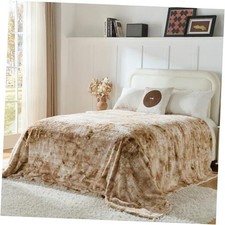 Faux Fur Blanket for King Size Bed, 3D Texture King 108" x 90" Marbled Beige