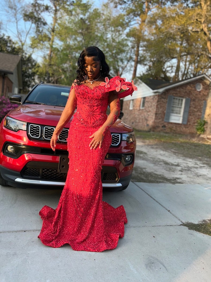 red prom dress size 14 A-Line Cross Neck Floor-Length Dark Red Prom Dress with Split US14 / As Picture