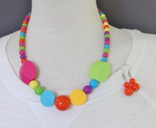 Orange Multi Color graduated round bead beaded necklace earrings set 18" long