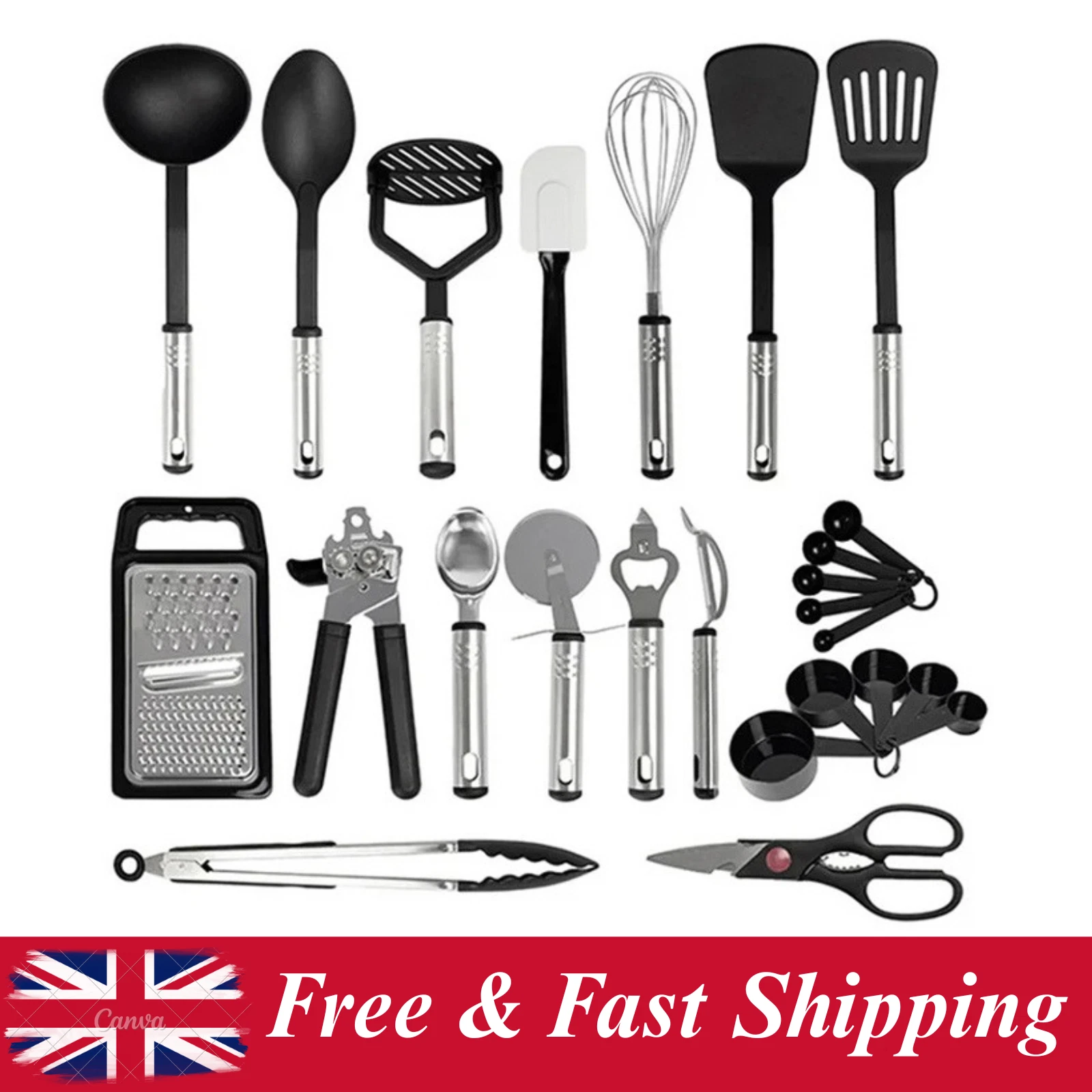 17PCS Kitchen Utensil Set Cooking Tools Spatula Spoon Whisk Peeler Can Opener UK