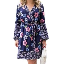 Eliza J Blue Faux Wrap Floral Puff Sleeve Dress Size 12 Colorful Boho Coquette