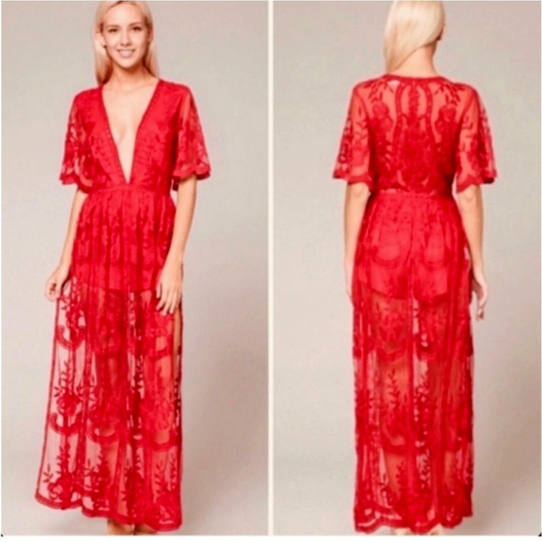 Women Honey Punch Sheer Red Lace Maxi Dress S Sexy Whimsy Boho Bodycon  Romantic | eBay