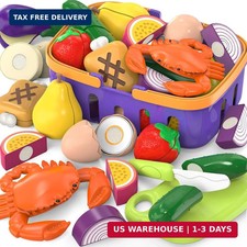 Cutting Play Food Toys Set with Grocery Basket, Pretend Play Kitchen Accessories