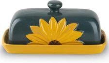 Farmhouse Ceramic Butter Keeper with Lid - Large Sunflower Butter Container