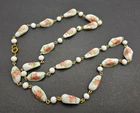 Vintage Milk Glass Beads Necklace Hand Painted Pink Flowers 25” Rose