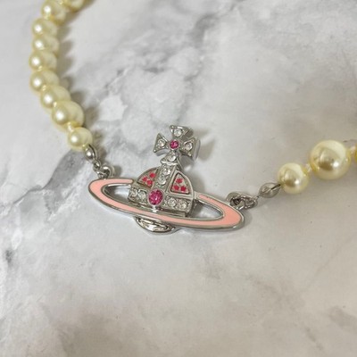 Vivienne Westwood ROXANNE PEARL Choker Necklace Pink Silver Orb