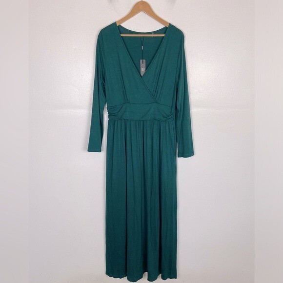 Ouges Long Sleeves Maxi Dress Size XL Green Faux Wrap V-Neck
