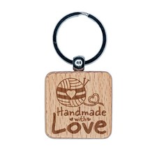 Handmade With Love Knitting Yarn Engraved Wood Square Keychain Tag Charm