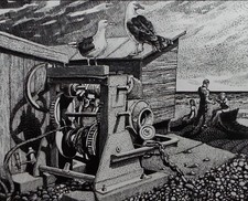 Original Scraperboard & ink, 'Winding Gear on the Shore', Lorraine Abraham