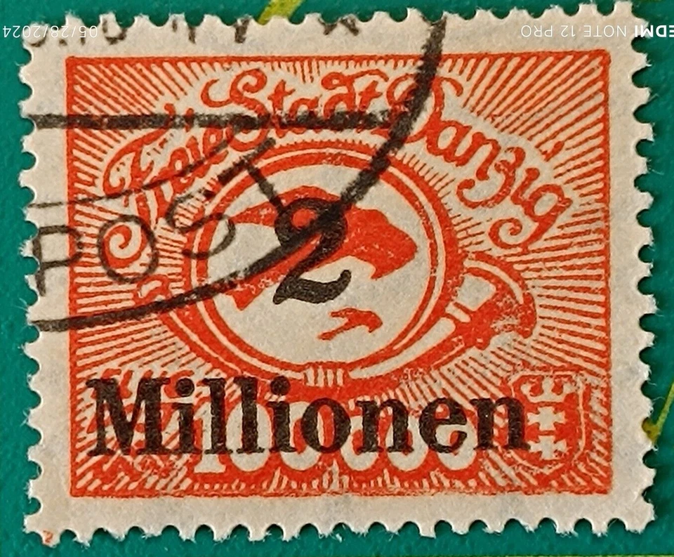 Gdansk stamp 1923, DANZIG- Sc C24 AP5 2mil m on 100,000m scarlet, Perf. 14, used - Image 2 of 4