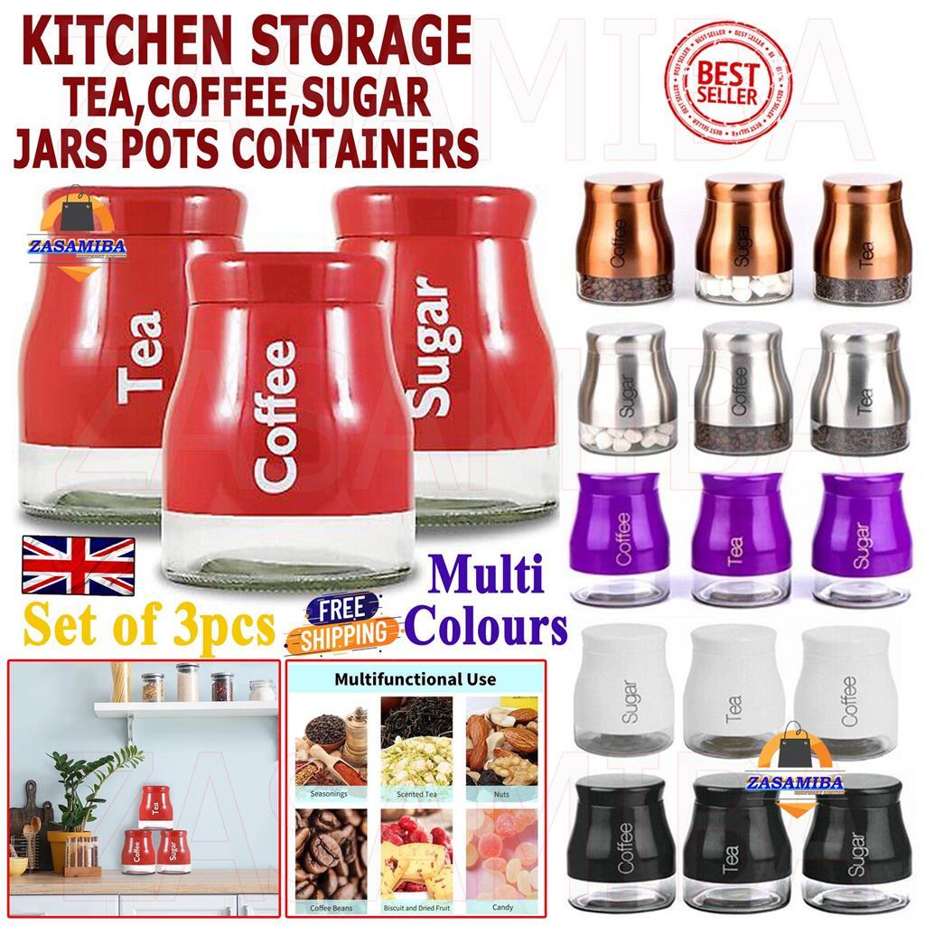Set Of Kitchen Storage Canisters Tea Coffee Sugar Jars Pots
