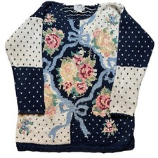 Casual Corner Hand Knit Sweater Vintage Flower Women's Size S Blue Colorful Rare