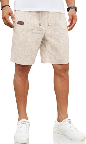 Mens Casual Linen Shorts Elastic Waist Drawstring Loose Fit Summer Beach Vacatio