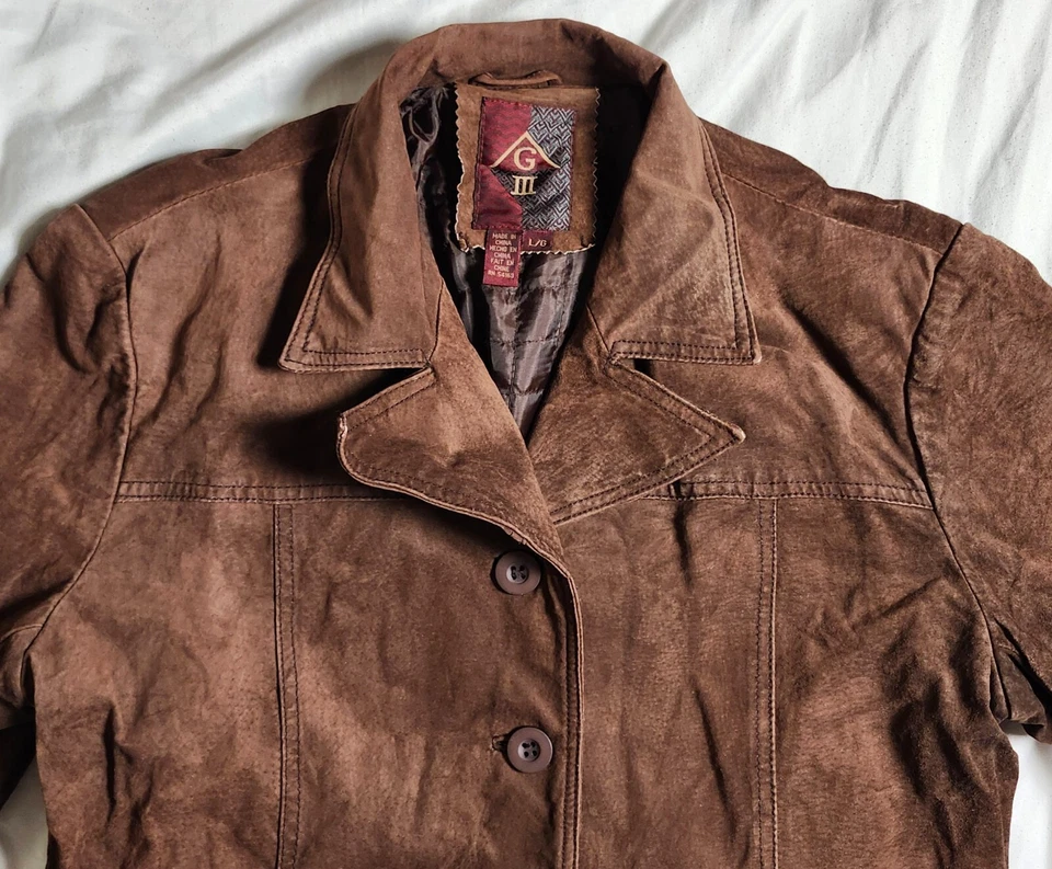 G3 GiiI Women's Leather Jacket With Belt Button Up Brown Lined Size Large - Image 2 of 4
