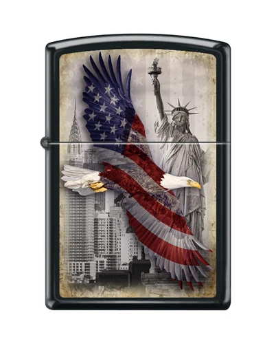 Zippo 2102, Eagle-Flag-New York City-Statue of Liberty, Black Matte Lighter