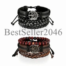 6PCS/2 Sets Braided Leather Bracelet for Men Women Cuff Bangle Wrap Wristband