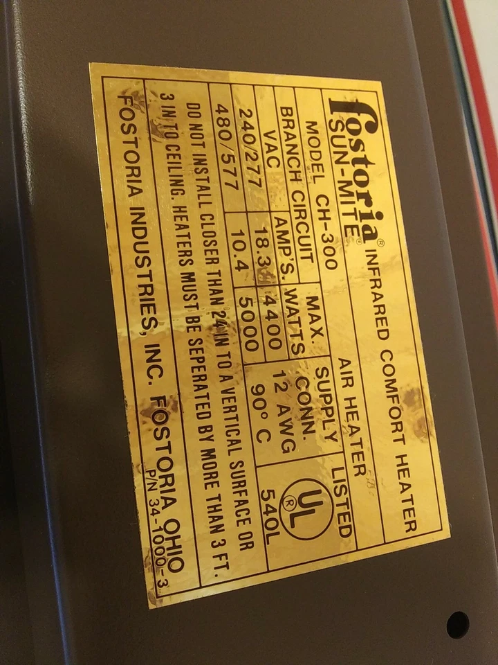 Fostoria CH-300 General Distribution Heater 5000W Max - Image 4 of 4